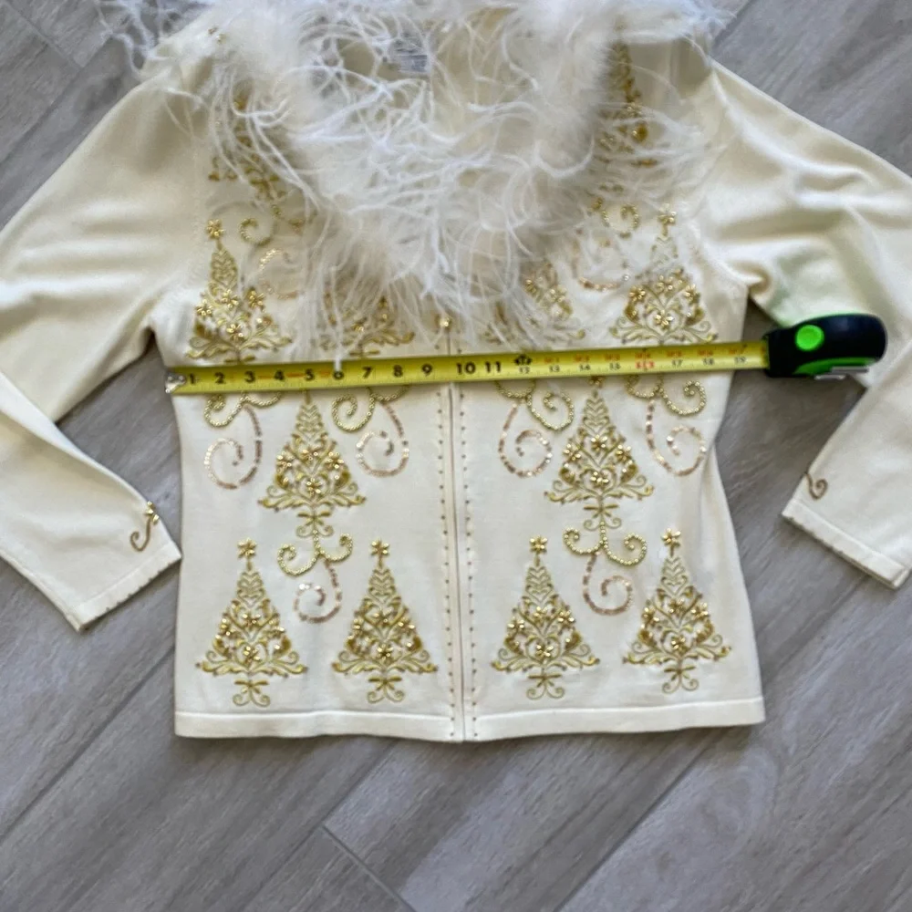 Elegant Cream and Gold Christmas Holiday Women's Sweater with Feather Trim - Picture 10 of 17